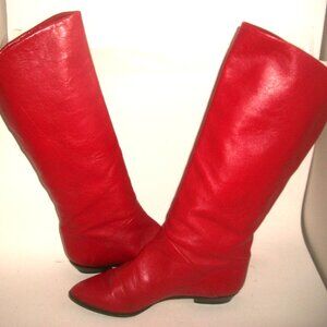 Vintage '70's-'80's Tall Red Leather Flat Boots w Assymetrical Shaft 7.5M